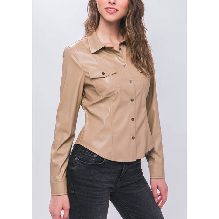 10219TN PU Faux Leather Shirt With Button Closure for wholesale by Coloring You