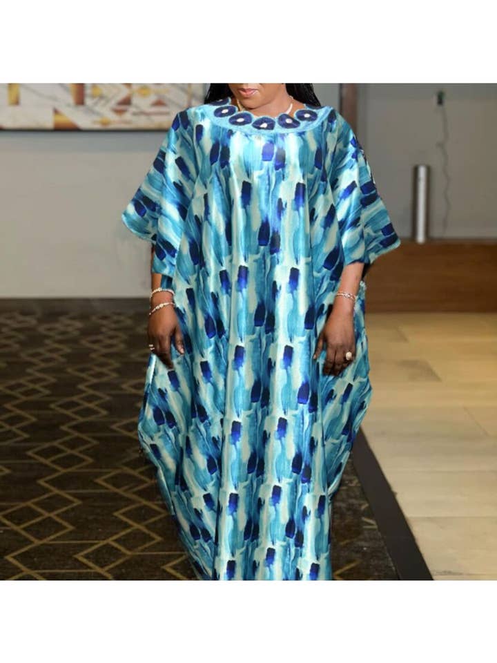 pinkblu02 – Großhandel Kleid – Damen – Allover-Print Ethno-Kleid - Blau und Gelb Polyester