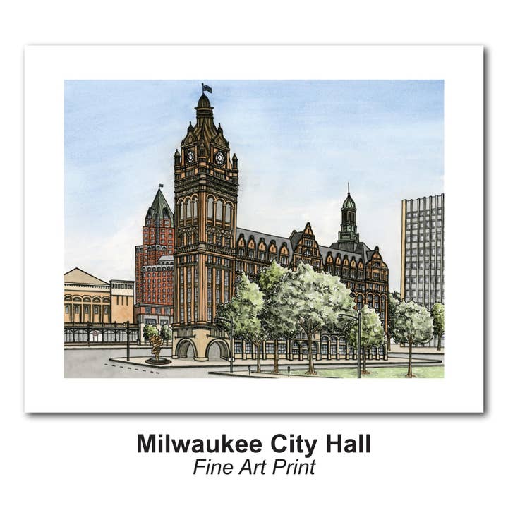 Milwaukee City Hall Watercolor Art Print Wall Art for wholesale by Lynndale Print