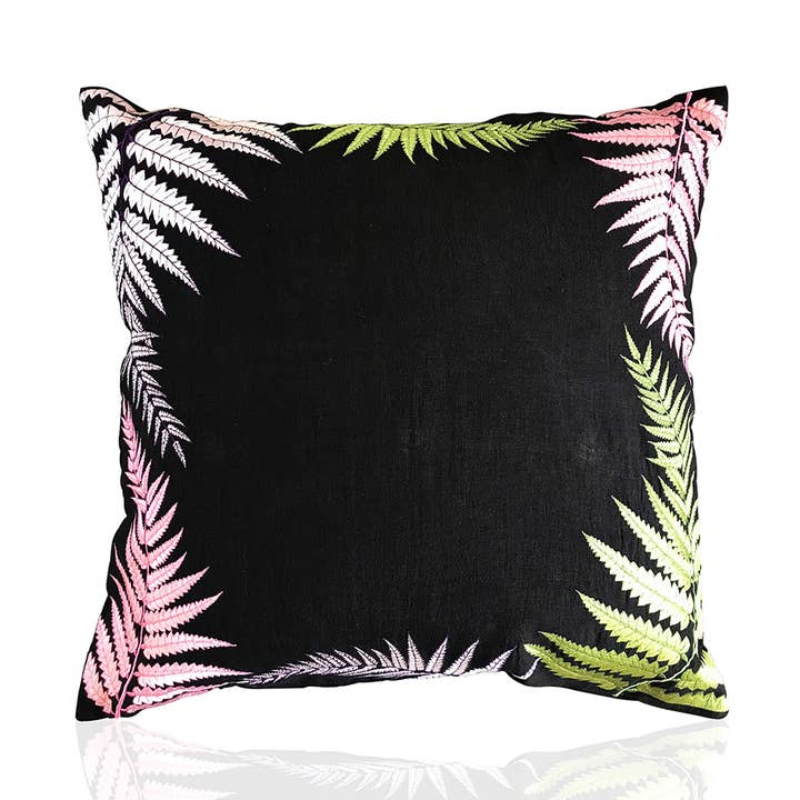 Black Linen Fern Embroidered Pillow - 24" sq for wholesale by Artesa Studio