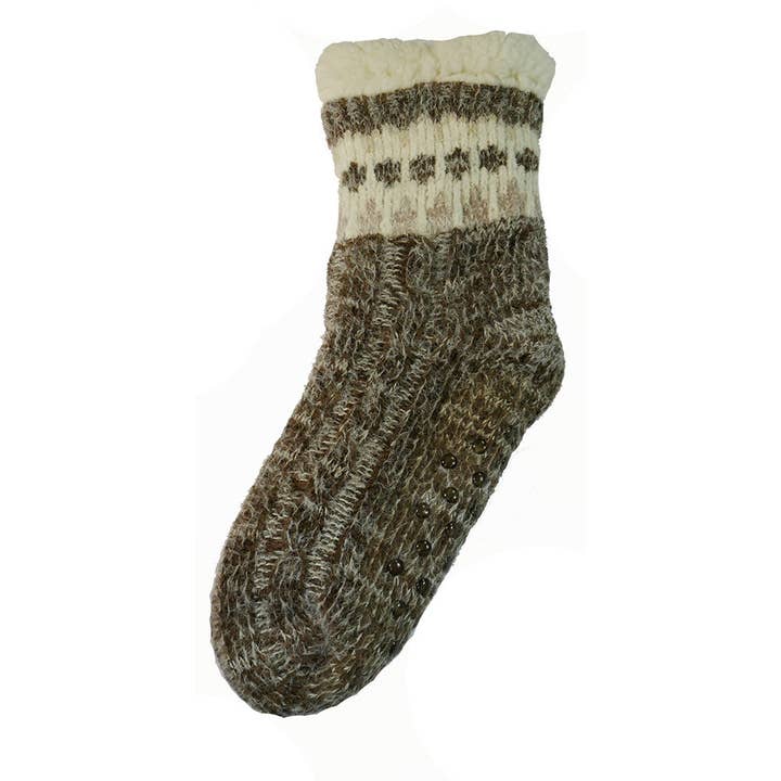 Chaussettes-chaussons en tricot torsadé doublées en polaire à motif marron pour la vente par GEMJAR LTD