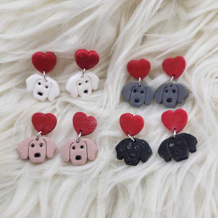 Dangle Heart and Puppy Dog Polymer Clay Earrings for wholesale by Nik Nak Design Co.