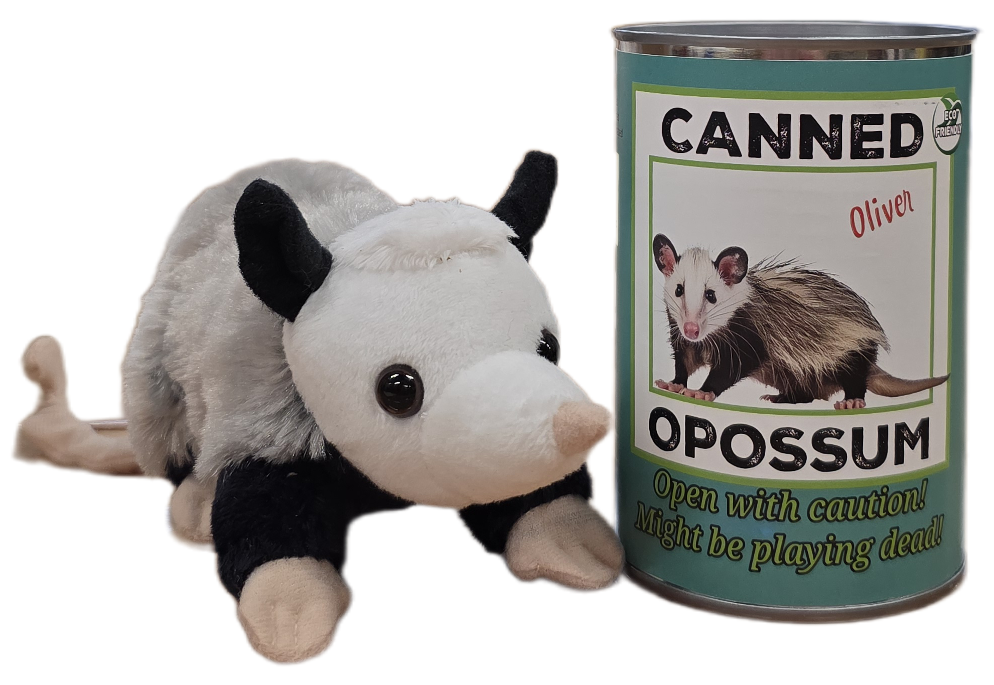 Canned Gifts – Engroshandel Plyslegetøj - Børn og baby – Oliver den konserverede opossum | Udstoppet dyreplys m/vittigheder4
