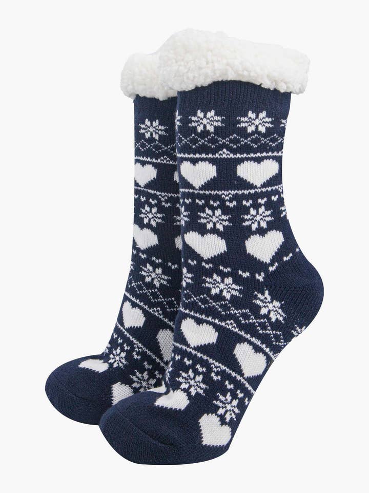 Women's Long Slipper Socks- Navy, Fair isle for wholesale by Sock Talk