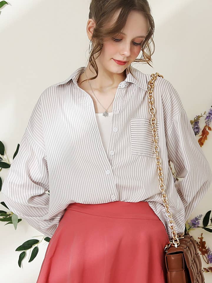 NINEXIS - Wholesale Button Down Shirt - Women's - CWTSTL704_Striped Button Down Long Sleeve Collared Shirts15