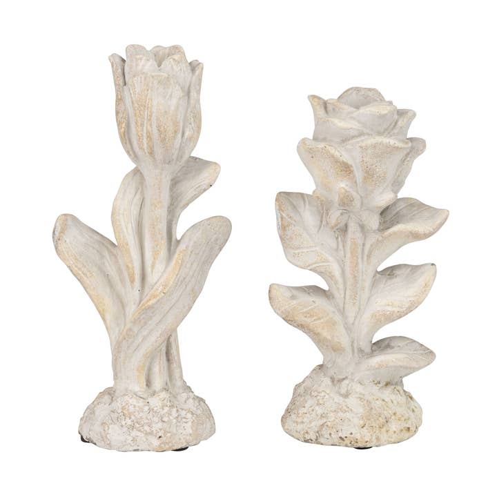 A18611: 2 Asst'd cement floral candle holder,lt ant 5+8in for wholesale by Silver Tree Home & Holiday