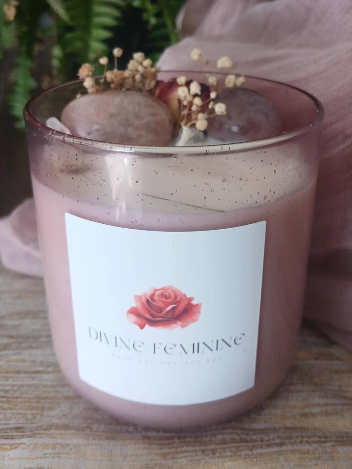 Divine Feminine Energy Candle with Crystals for wholesale by moon and mantras