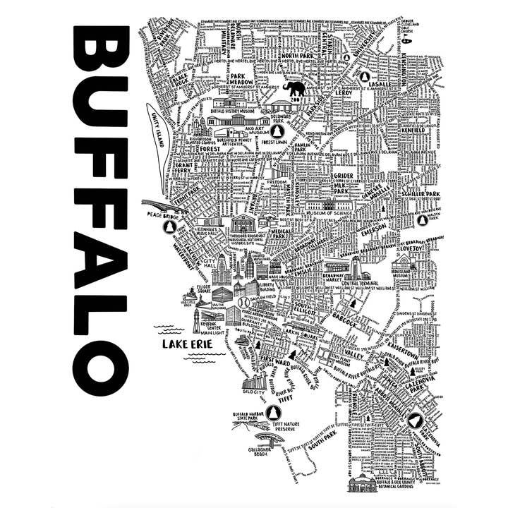 Impression d'une carte de rue illustrée de Buffalo à New York pour la vente par Whereabouts Shop