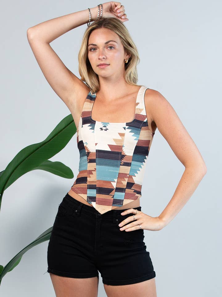 T1352-Tribal-Tribal Western Print Square Neck Crop Top for wholesale by Nylon Apparel