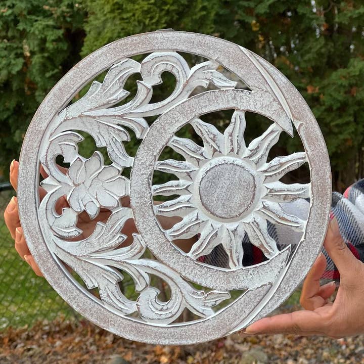 Lungta Imports - Wholesale Wall Accent - Handcrafted Wooden Celestial Sun Moon Wall Décor Hanging