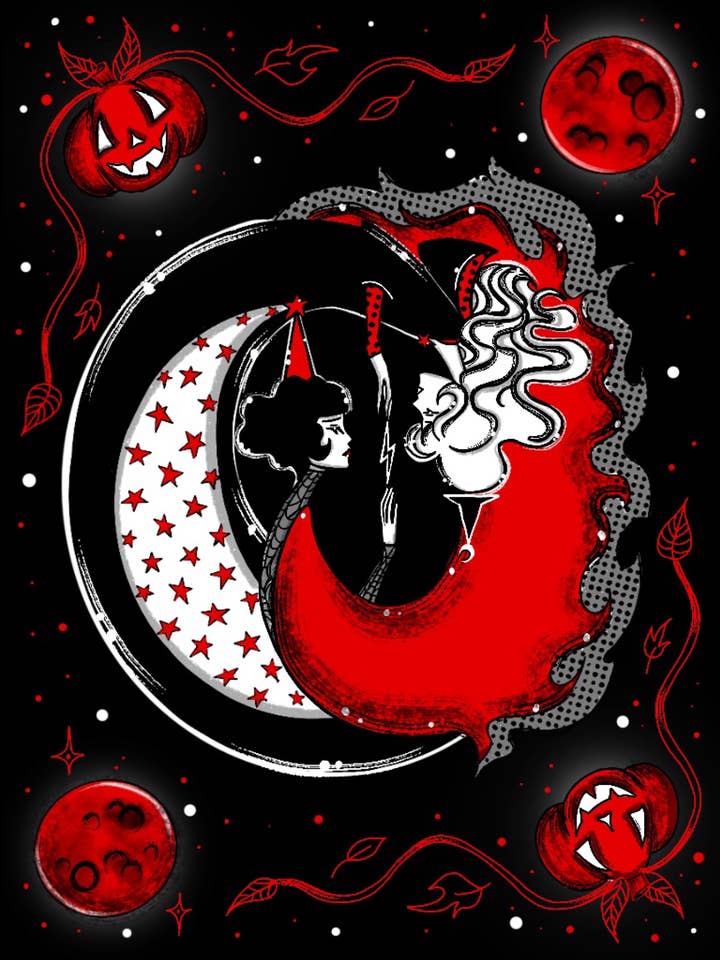 "Stampe d'Arte Vintage di Halloween 'Sorelle della Luna di Sangue'" per la vendita all'ingrosso da parte di Stefani Rabideaux