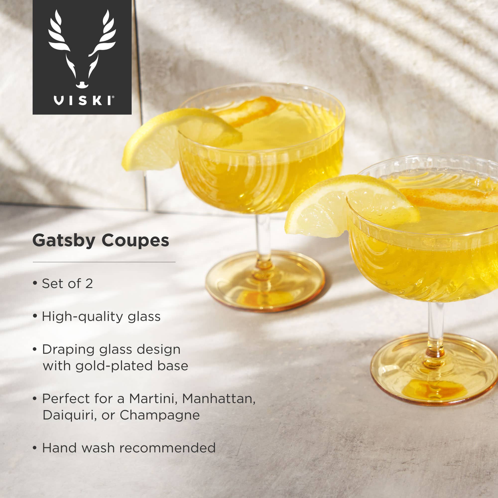 Viski - Wholesale Cocktail/Liquor Glass - Gold Plated Deco Cocktail Coupes Set of 25