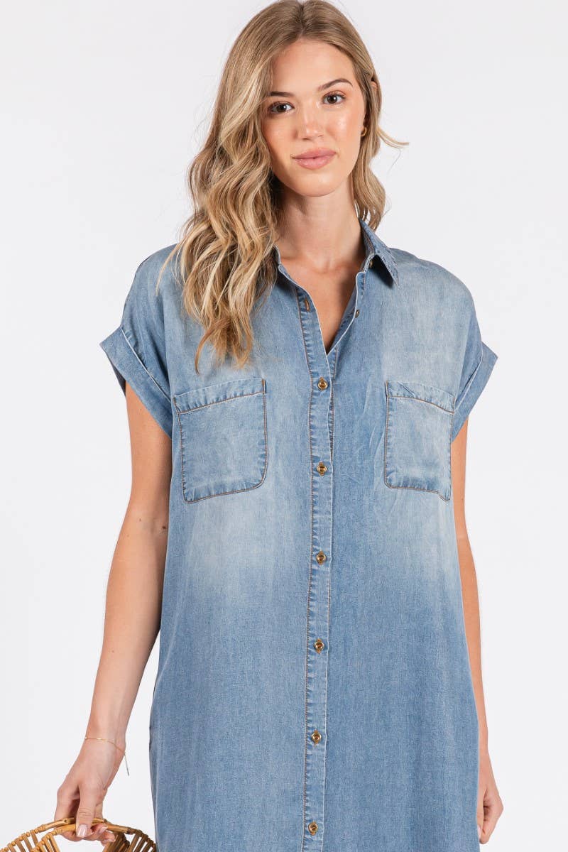 ZiA Apparel - Wholesale Jurk - Dames - Maxi spijkerjurk met korte mouwen en overhemdstijl26