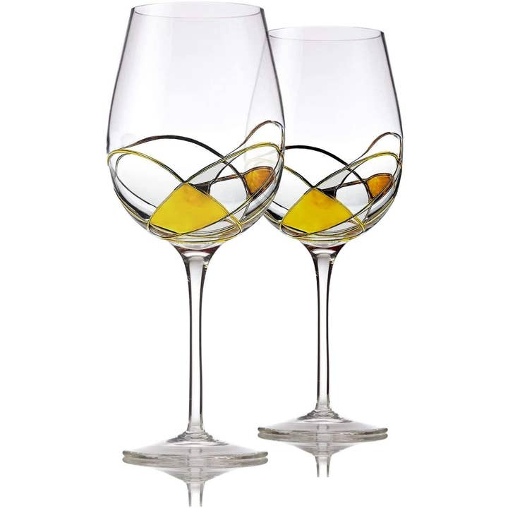 Bezrat - Wholesale Wine Glass - Hand Painted Wine Glasses Set of 2, Gold 28 oz Large Glass