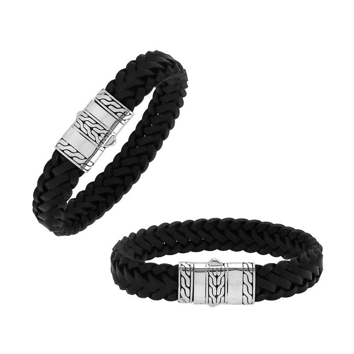 AB-1193-LT-BLK 925 Sterling Silver Bracelet With Black Leather And Push Lock for wholesale by Bali Designs