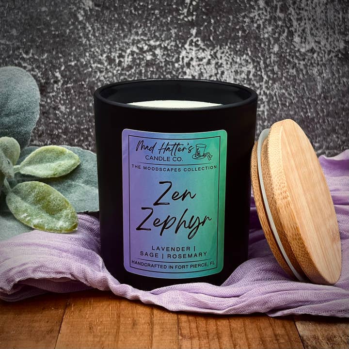 Zen Zephyr Scented Candle | Lavender & Sage | Relaxing for wholesale by Mad Hatter’s Candle Co.