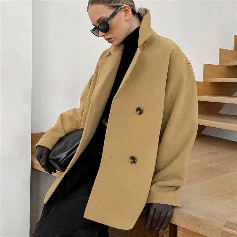 Brown Long Loose Thick Double Breasted Wool Coat for wholesale on Faire4