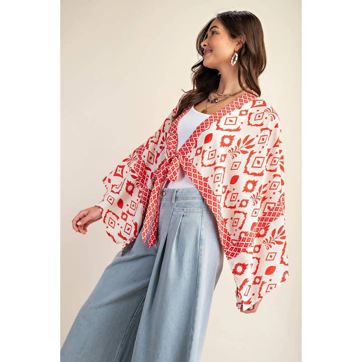 BNS - Wholesale Kimono - Women's - Printed Tie Front Cropped Kimono Cardigan
