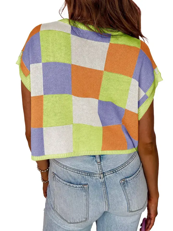 Lovesoft - Wholesale Sweater Vest - Women's - Plaid Colorblocked Skeleton Knit Vest8