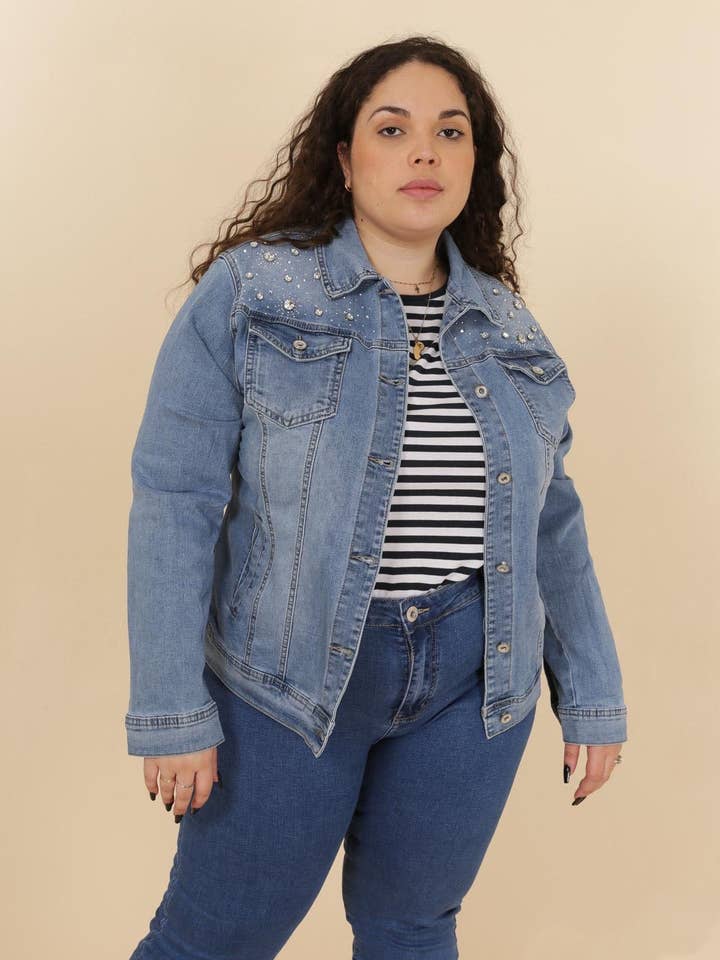 G Smack Distressed Diamante Detail Stretchy Denim Jacket for wholesale by DenimVista