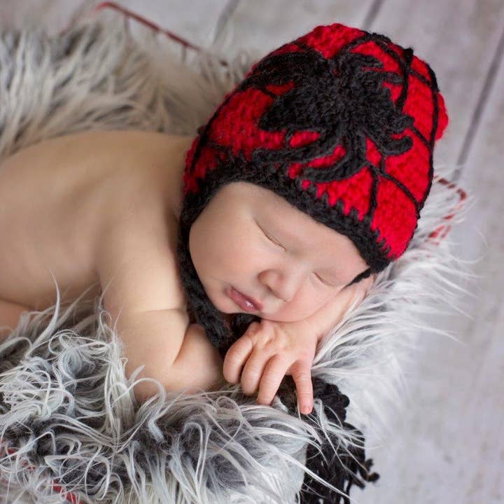 The Daisy Baby LLC - Wholesale Newborn/Knit Hat - Baby - Red Black Spiderweb Crocheted Handmade Heirloom Gift Hat