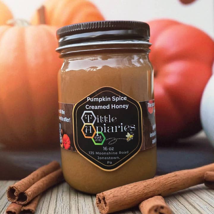 Pumpkin Spice Creamed Honey for wholesale by Tittle Apiaries, LLC