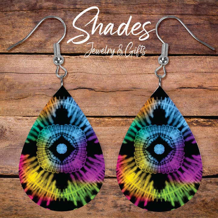 Black Rainbow Tie Dye Teardrop Earrings for wholesale by Shades Jewelry & Gifts