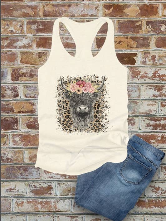 Cow Skull With Leopard, Western, PLUS Women Fit Fitted Racerback Tank Top for wholesale by Top Avenue