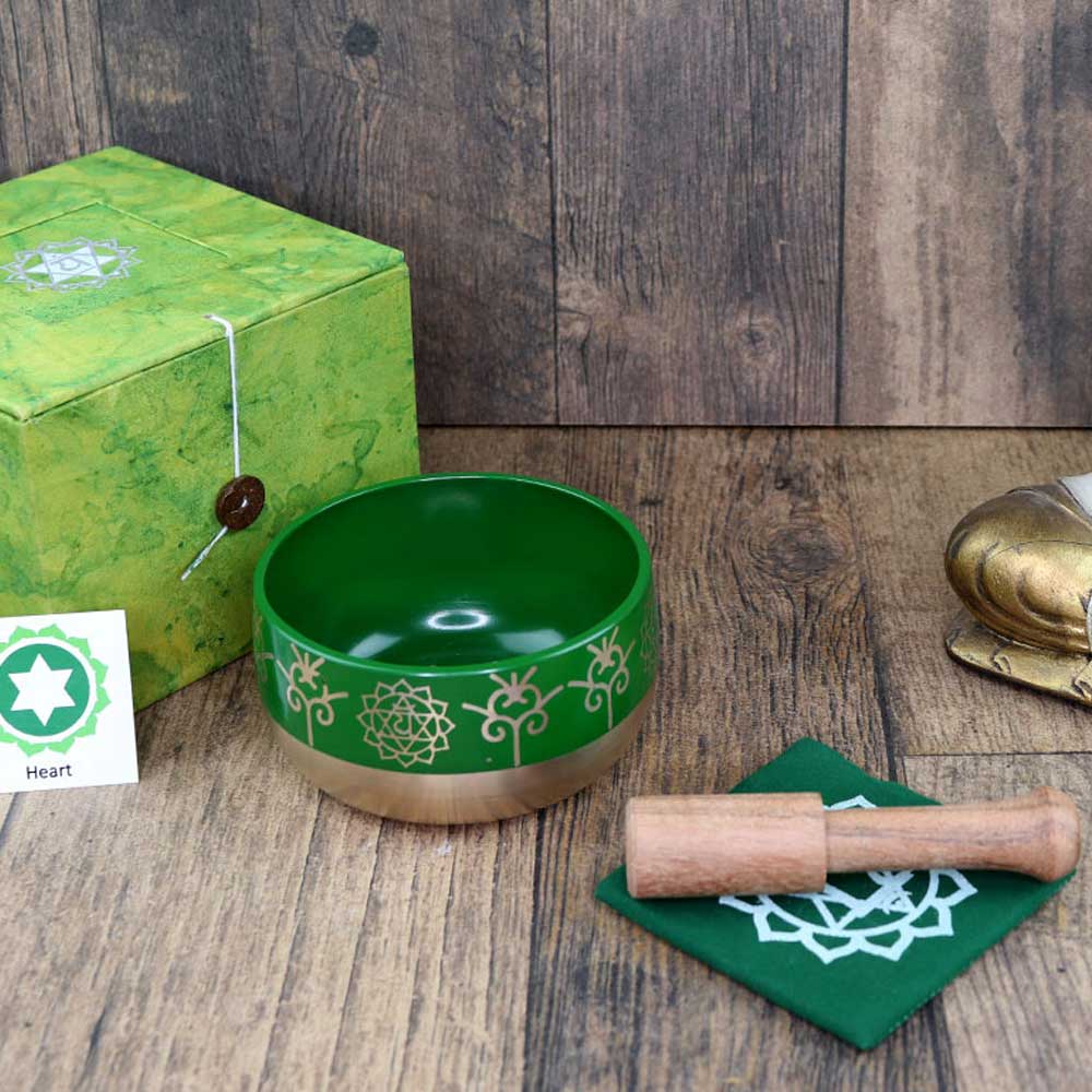 Natures Artifacts Inc - Wholesale Meditation Supplies - Heart Green Chakra Singing Bowl Gift Set3