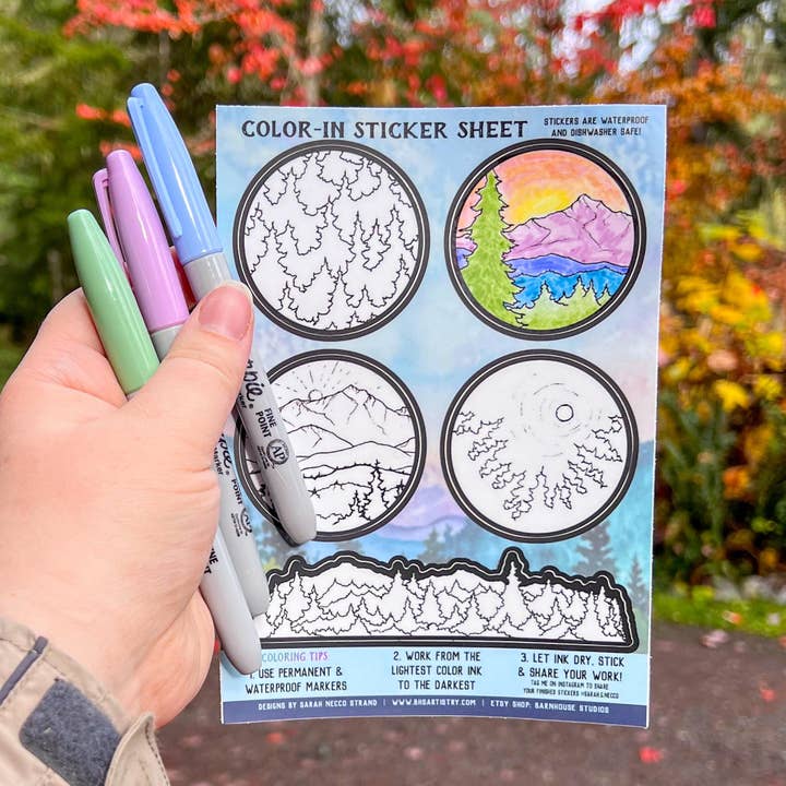 BarnHouse Studios - Wholesale Sticker - Color-In PNW Landscape Sticker Sheet 5"x7" for Kids & Adults