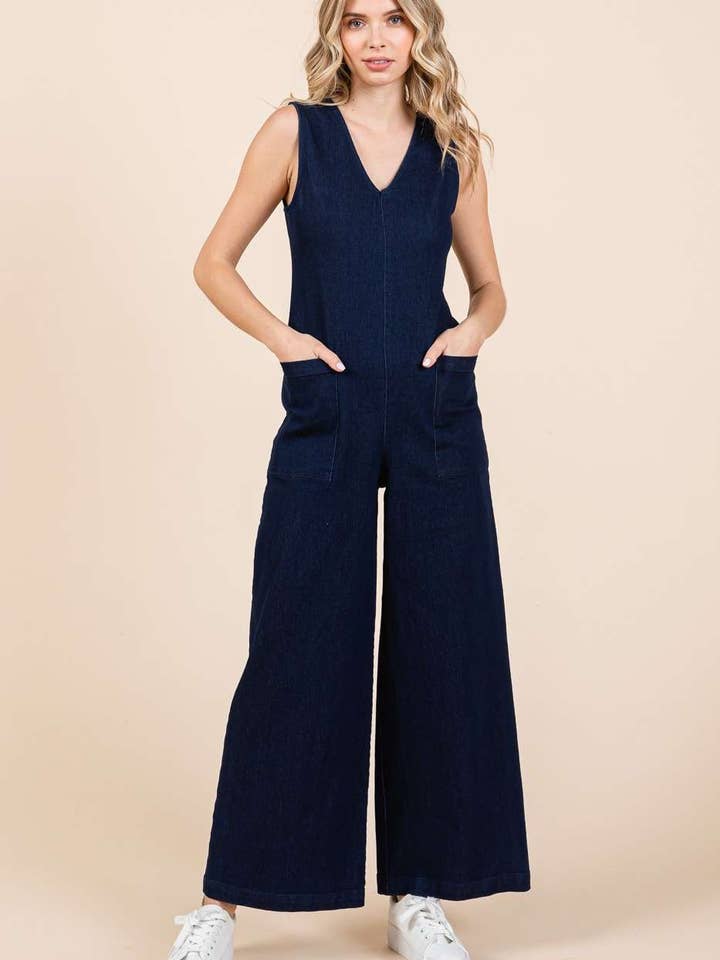 DENIM ÄRMLÖS V-RINGAD JUMPSUIT för wholesale av mittoshop