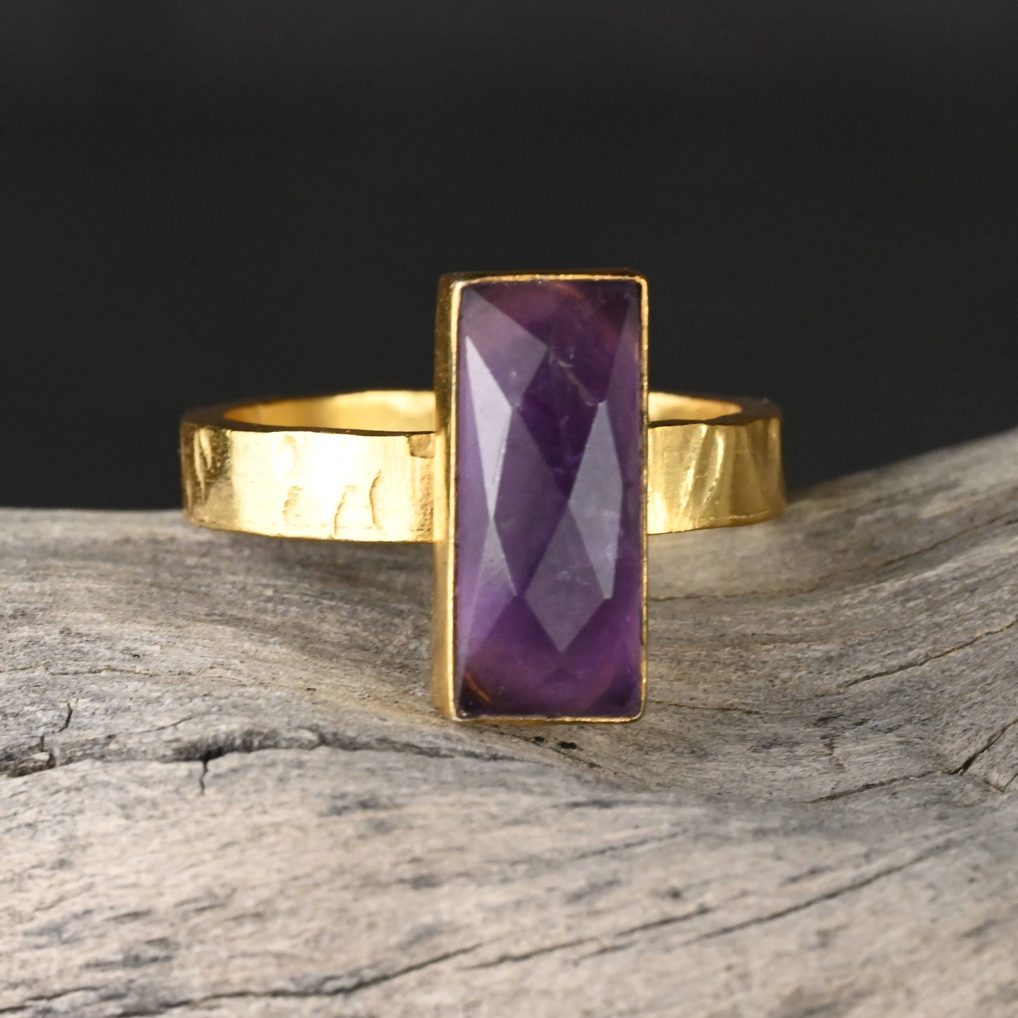 KBD Studio - Wholesale Cocktail/Statement Ring - Amethyst  Rectangle Ring on a Hand Hammered Golden Band6