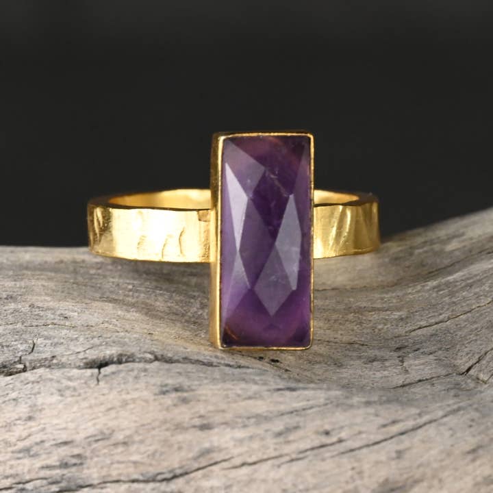 KBD Studio - Wholesale Cocktail/Statement Ring - Amethyst Rectangle Ring on a Hand Hammered Golden Band6