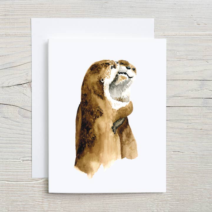 Biglietto di auguri dipinto a mano, Otter Hugs, biglietto di anniversario per la vendita all'ingrosso da parte di Liz Pope Designs
