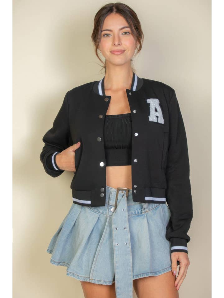 CC Wholesale Clothing - Wholesale Varsity/Baseball Jacket - Women's - Ezwear Letter Patched Crop Varsity Jacket