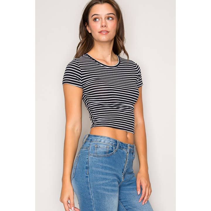 Striped Crew Neck Short Sleeve Cotton Jersey Top for wholesale by Popular 21