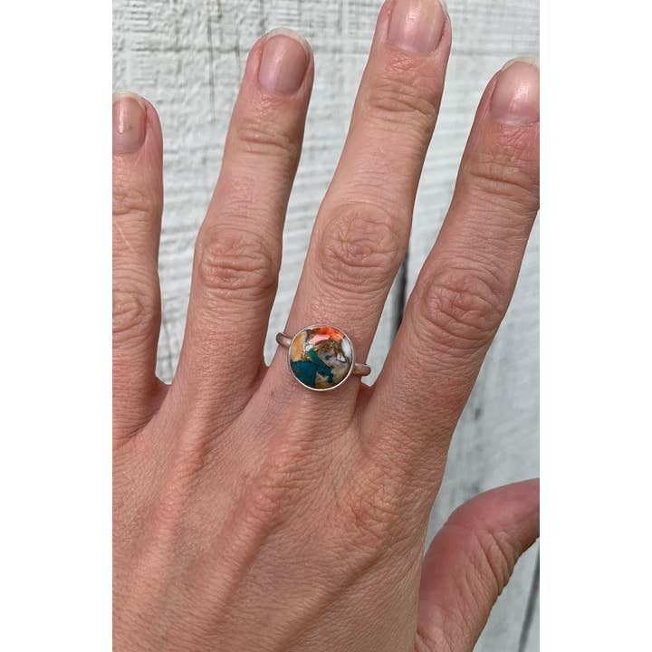 Gilded Bug Jewelry - Wholesale Cocktail/Statement Ring - 12mm Round Solitaire Spiny Oyster Copper Turquoise Ring