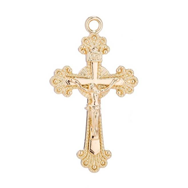 18k Gold Filled Ornate Cross Crucifix Pendant Jesus Christ Catholic Rosary Charm Layer Necklace Hoop Earring Jewelry Making C-087 for wholesale by Aim Eternal