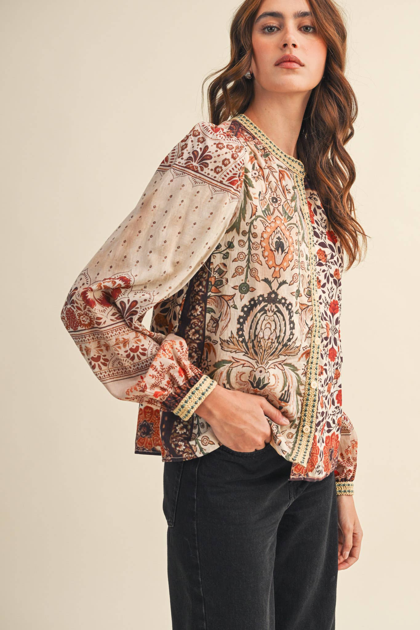 &MERCI - Wholesale Button Down Shirt - Women's - PATCHWORK PRINT CROCHET TRIM BUTTON DOWN TOP MTP43825