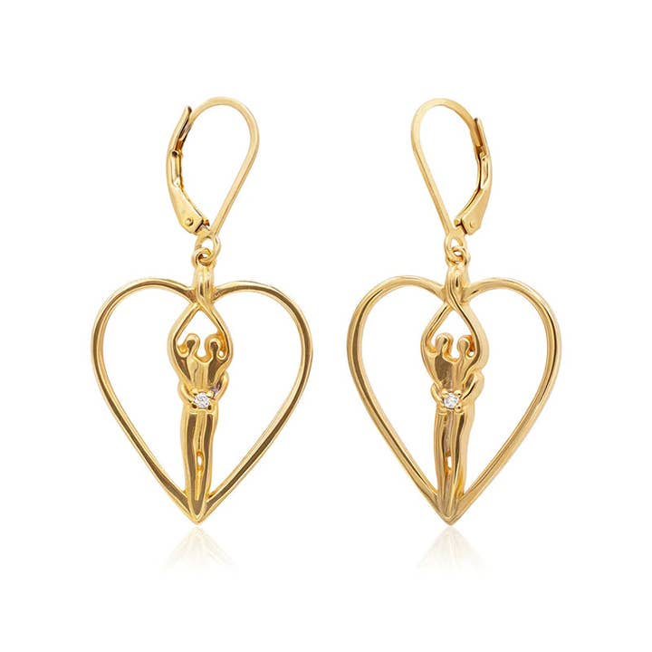 Soulmate Heart Earrings, 1" by ¾", with 14kt. Gold Overlay, .925 Genuine Sterling Silver, Lever Back, Clear Cubic Zirconia for wholesale by Symbol of Love Jewelry