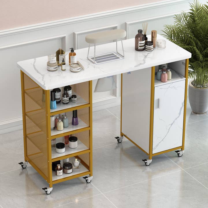 Orange County Decor - Wholesale Cabinet - Manicure Table, Marbling Texture Nail Table With Electric Downdraft Vent,Wrist Cushion, Lockable Wheels, Storage Layers & Cabinet,White Gold White Modern Mdf Mdf Metal