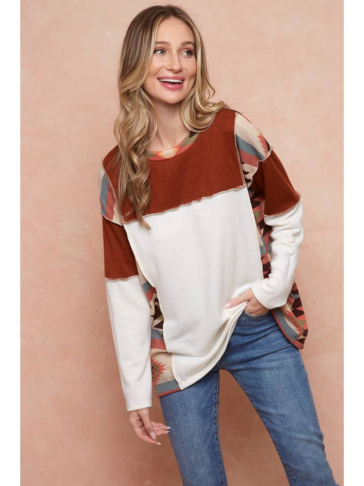 Moonshot Clothing - Wholesale Tunic - Women's - MST2977-DELFI AZTEC COLORBLOCK PULLOVER