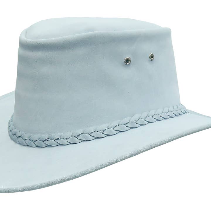 bleu clair Chapeau de cowboy australien en cuir en daim souple bleu clair et rose en vente sur Faire