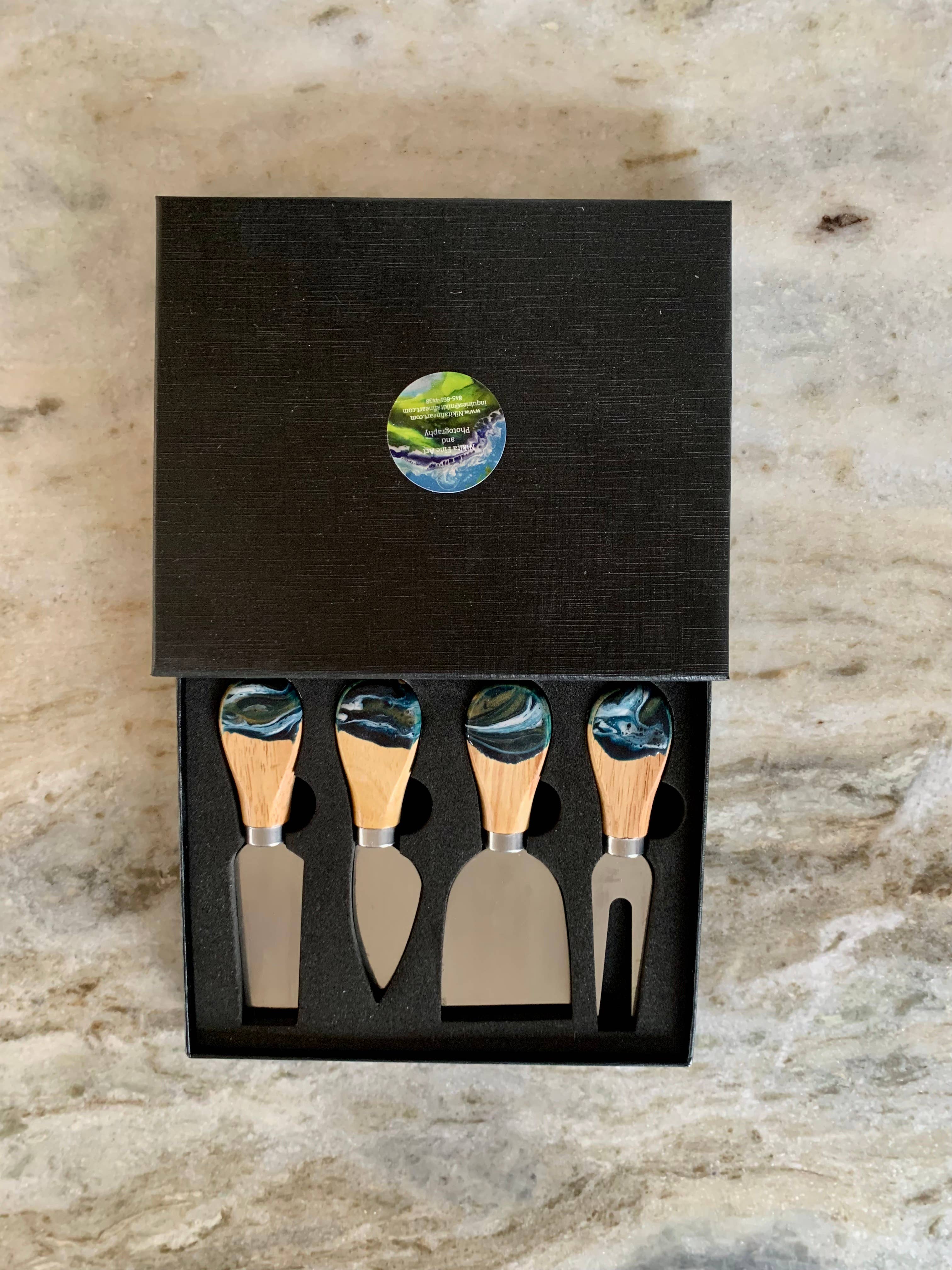 Nikita Fine Art LLC - Wholesale Kitchen Utensil Set - Cheese Utensil Set of 4 with black box organic resin poured3