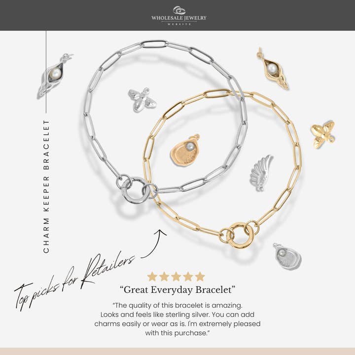 WJW - Wholesale Link & Chain Bracelet - Stainless Steel Paperclip with Charm Keeper Chain Bracelet