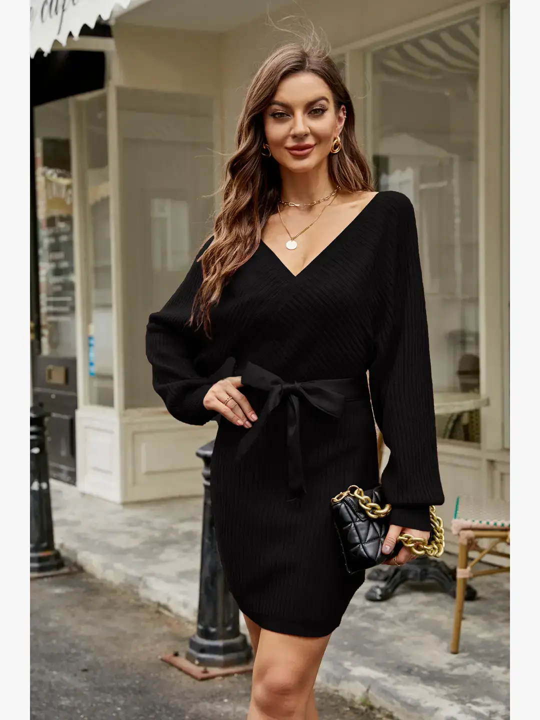 GEXWORLDWIDE – Engroshandel Kjole - Dame – Lang lanterneærme slank sweater omslagskjole akryl4