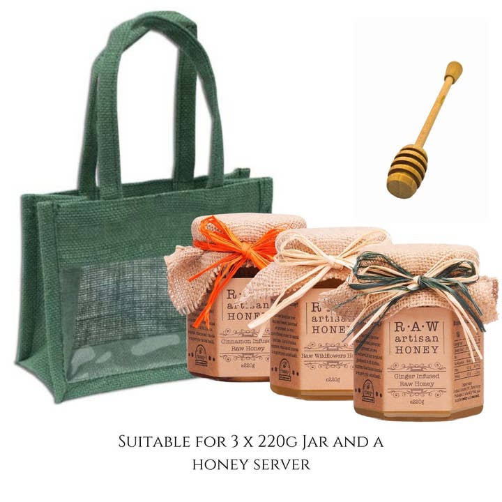Forest Green Gift Bag for 3 Honey Jars for wholesale by Raw Artisan Honey