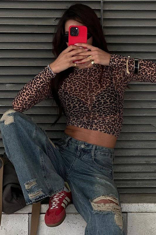 Leopard semi sheer mesh see-through long sleeve Top for wholesale on Faire13