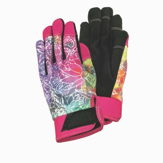 Gants de travail en batik à motif floral - Arc-en-ciel/Noir pour la vente par Laurel Burch Studios