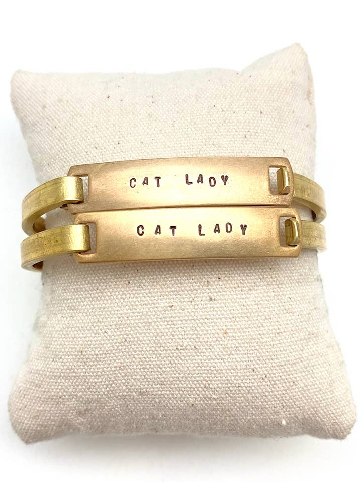 "Cat Lady" Stamped Clip-Cuff Brass Bracelet for wholesale by Stone Cooper